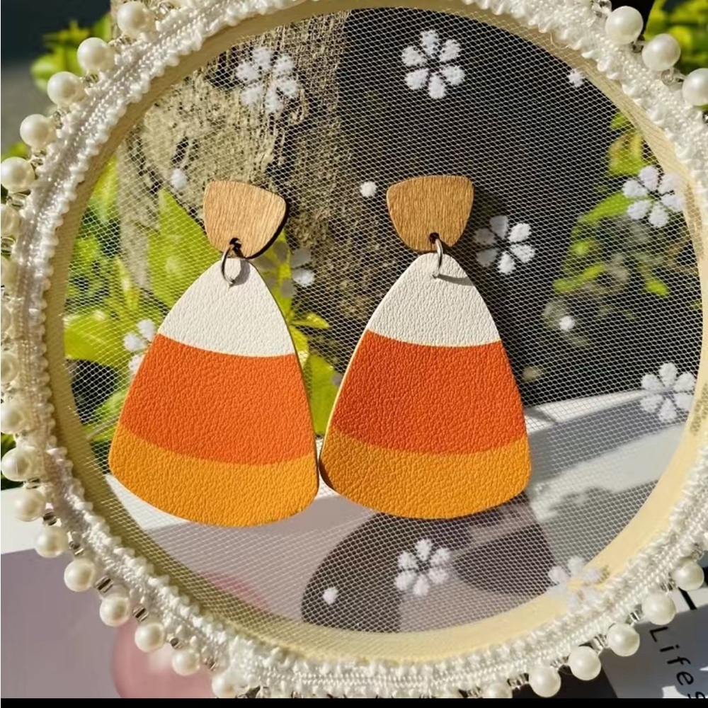 New faux leather & wood candy corn earrings